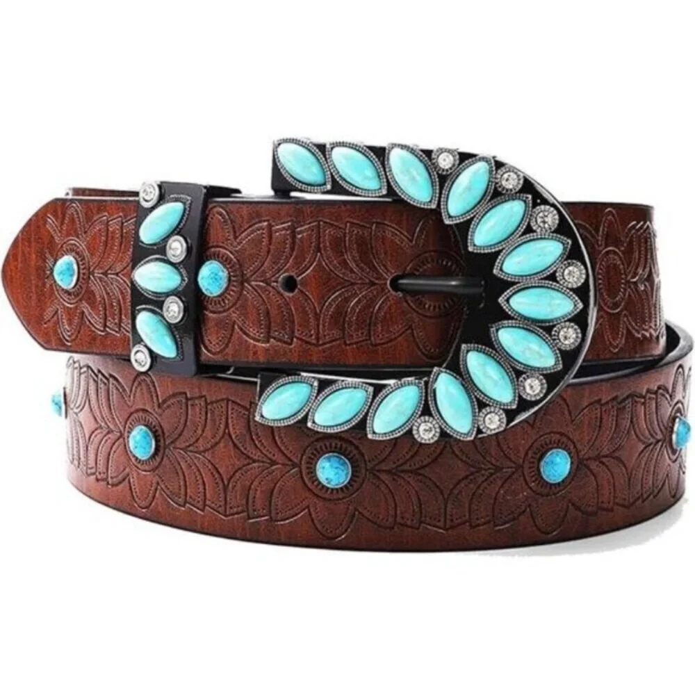Brown Western Belt Woman Turquoise Cowgirl Belts for Jeans 28-38”